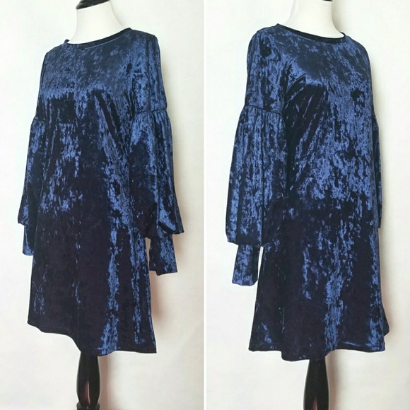 Blue Velvet Shift Dress With Cold Shoulder - Picture 2 of 6